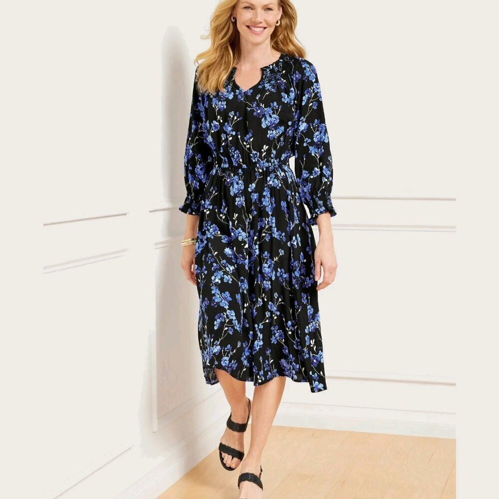 Talbots Smocked Floral Midi Dress Size 1X Black Blue Fragrant Lilac Work Church